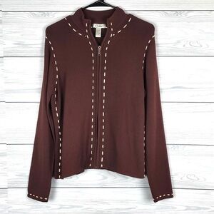 Carducci L Sweater Cardigan Full Zip Long Sleeve Brown Stretch Tan Accents